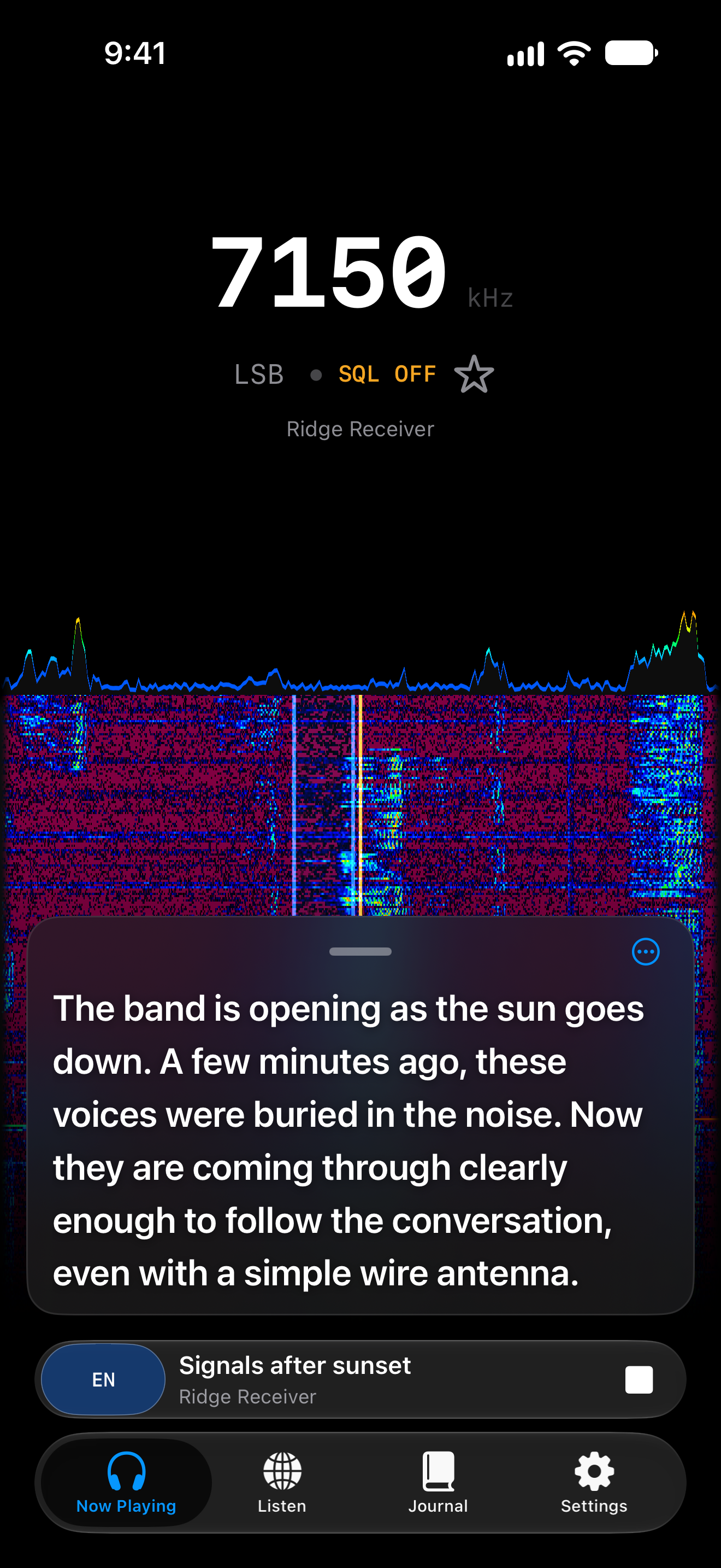 English captions over the live waterfall at 7150 kHz LSB, using a fictional conversation about evening reception