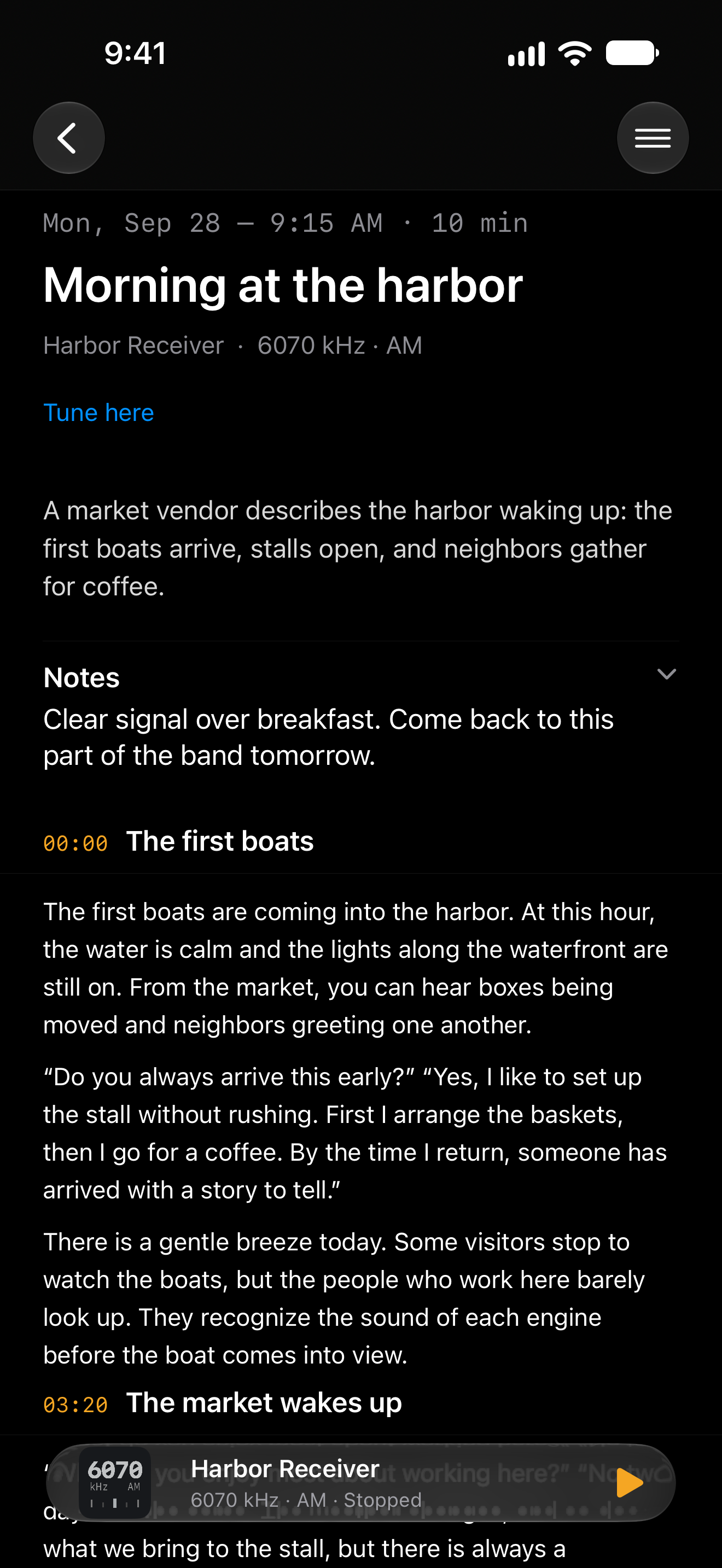 A fictional Morning at the harbor Journal entry with Tune here, a summary, notes, and translated chapters