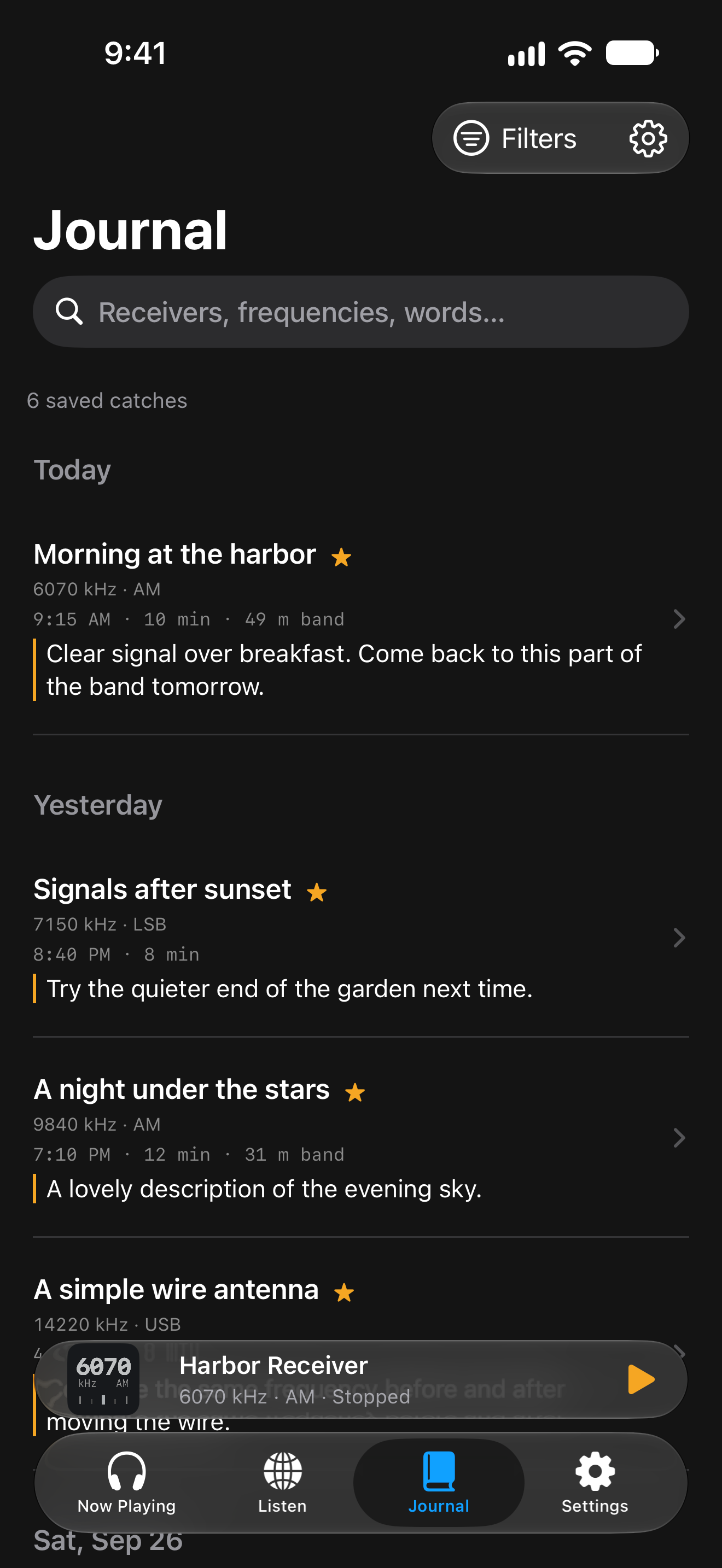 A Journal of fictional catches, with frequencies, listening times, starred entries, and personal notes