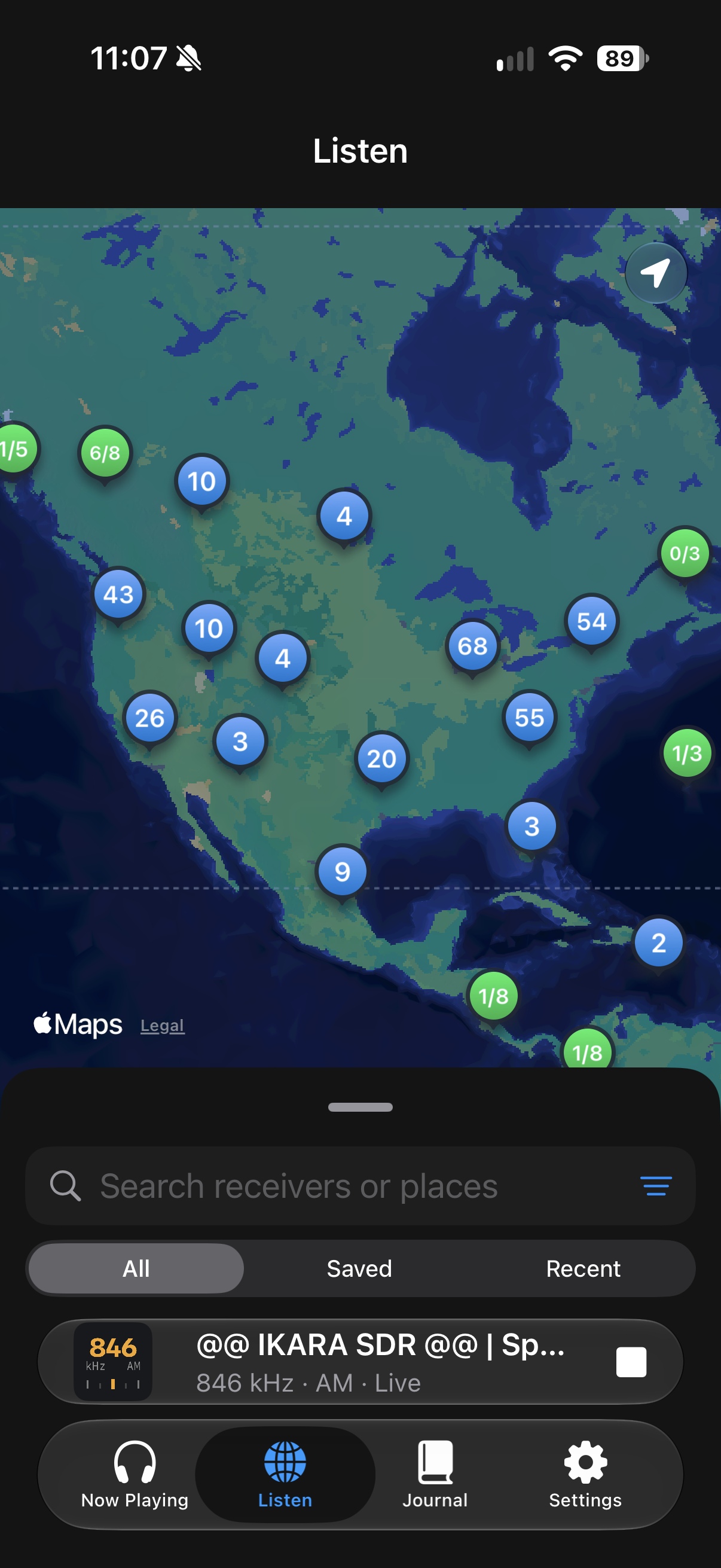 The Listen map showing receiver clusters across North America, reported occupancy, and All selected