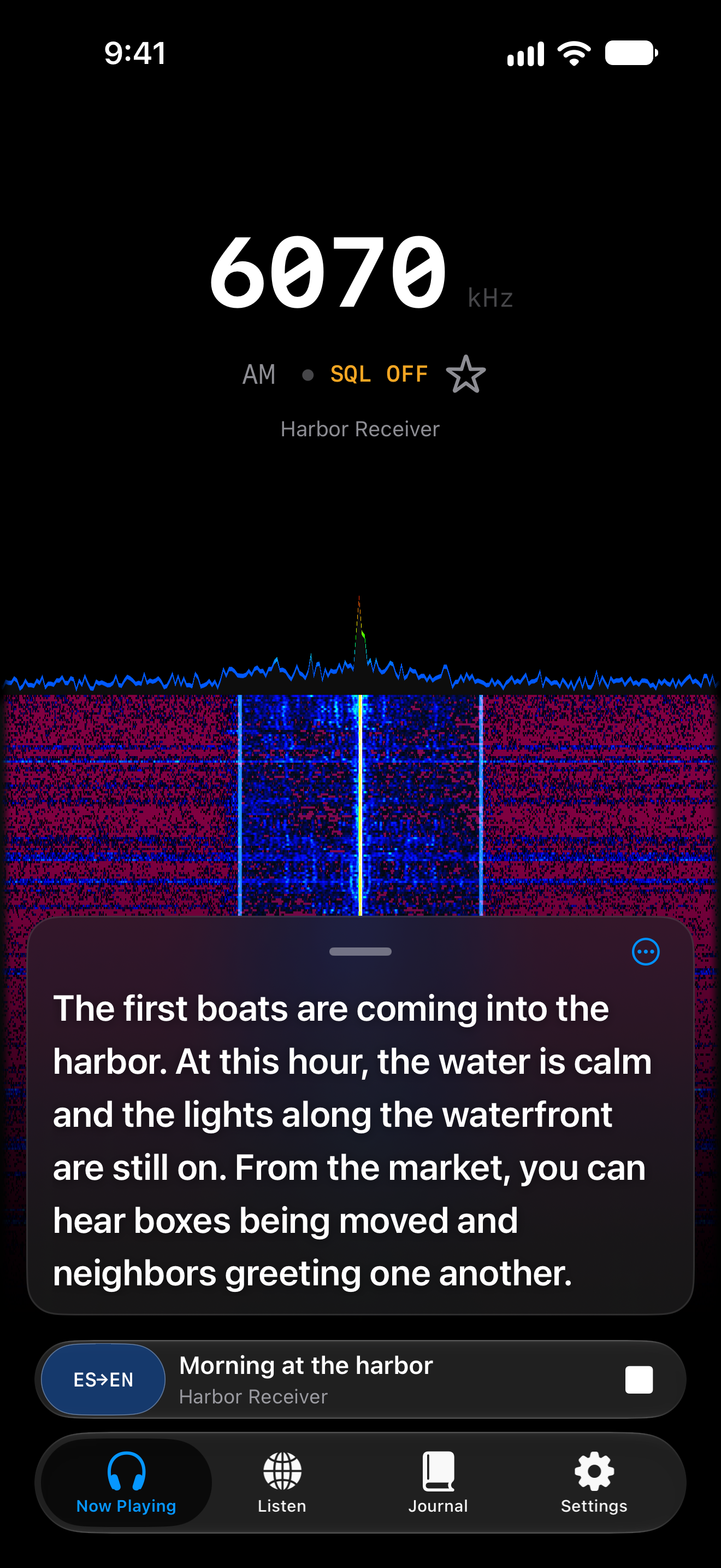 Spanish-to-English captions at 6070 kHz AM, using a fictional account of a morning at the harbor